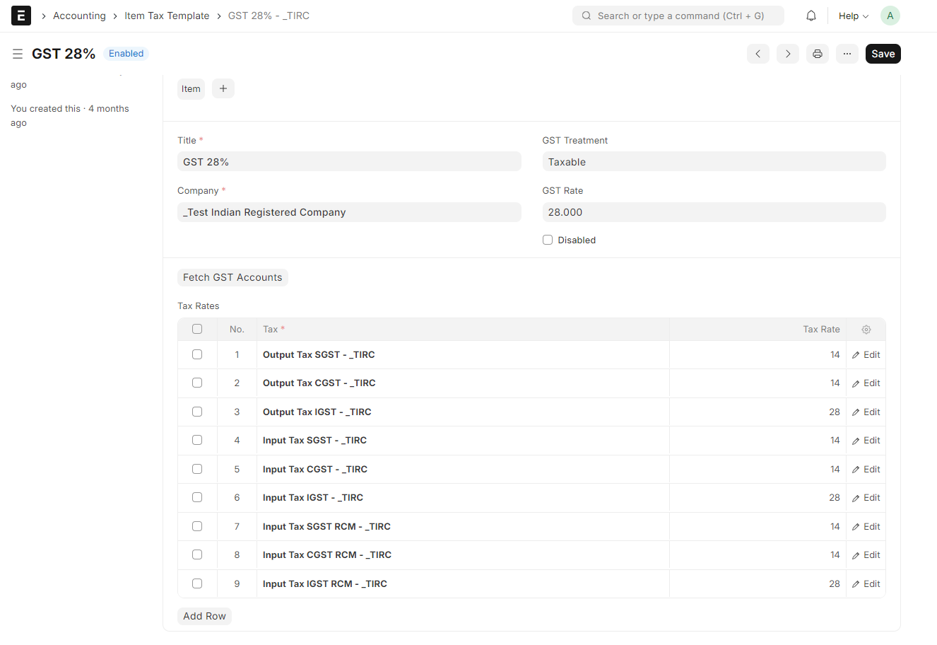 GST Item Tax Template